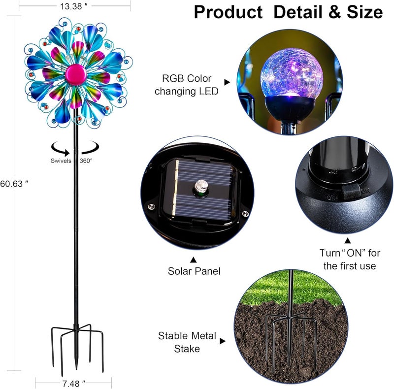 MXwcy 60'' Wind Spinner with Color Glass Ball Solar Lights, Blue Peacock Feathers Metal Garden Outdoor Decor Yard Lawn Art Decor for Patio Kinetic Windmills Unique Gifts for Friends and Family - Image 5